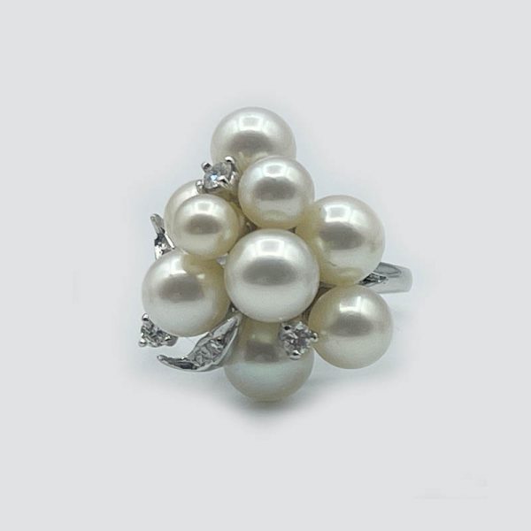 14kt White Gold Pearl Cluster Ring with Diamonds