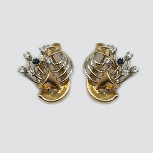 14KY gold musical note earrings with Diamonds and blue Sapphires