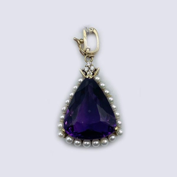 14kt Gold Triangle Amethyst with Diamonds and Pearls