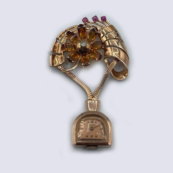 14kt Rose Gold Rare Brooch and Lapel Watch with Rubies, Citrine and Diamond