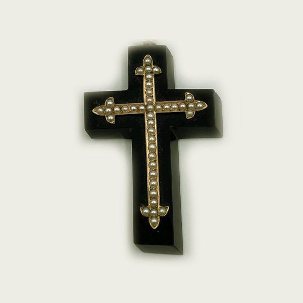 15kt Antique Victorian Mourning Pendant - Carved Black Agate Cross