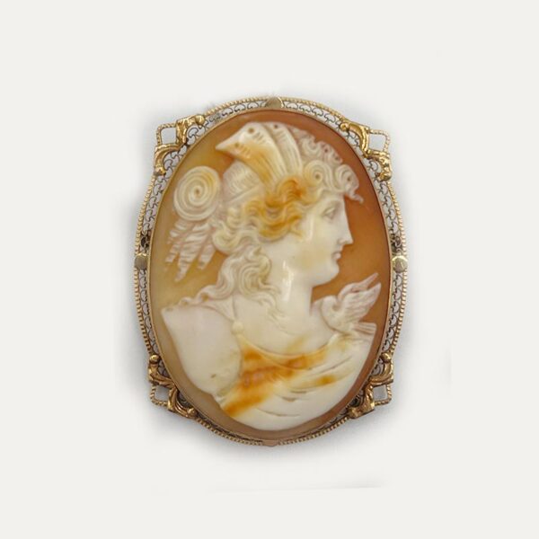14k Antique Cameo Brooch - Woman with Dove Dress
