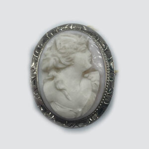 14k White Gold Antique Cameo Brooch - Woman on Light Background