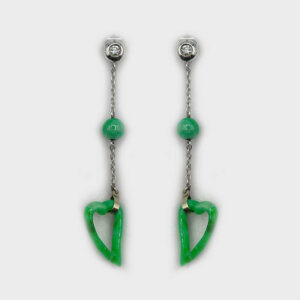 18k White Gold Jade Heart and Ball Dangling Earrings with Diamonds