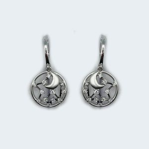 14K White Gold Moon, Stars, and Diamonds Earrings