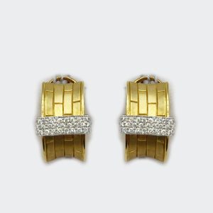 18K Yellow Gold Brick Curved Earrings with Diamond Layers