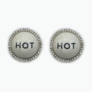 14K White Gold Diamond Border Circular Earrings "Hot"