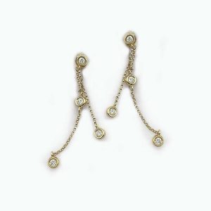 14K Yellow Dangling Chain Earrings with 4 Diamonds