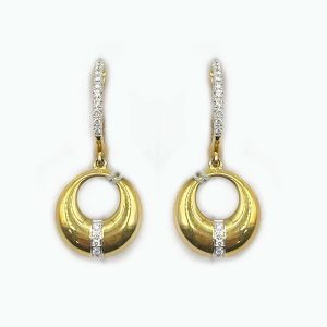 14K Yellow Gold Circular Drop with Hole and Diamonds Earrrings