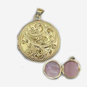 14K Yellow Gold Circular Locket with Flowers and Foliage