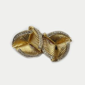 14K Yellow Gold Double Fan Brooch with Diamonds