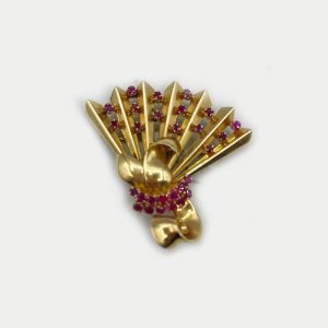 14K Yellow Gold Ribbon Fan with Rubies