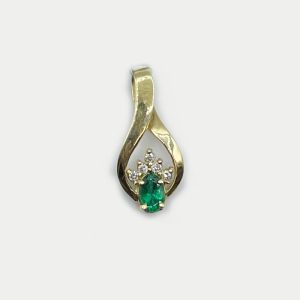 14K Yellow Gold Ribbon Pendant with Diamonds and Green Stone