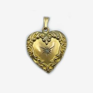 14K Yellow Heart Charm - Pendant with Scrollwork and a Jewel