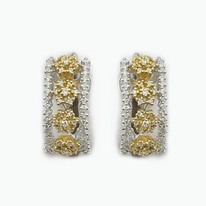 18K Two Tone Diamond Earrings - Flowers and Diamonds