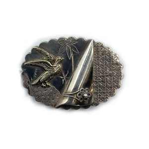 9ct Scottish Silver Oval Scalloped Brooch with Bird and Flowers "Peeled"