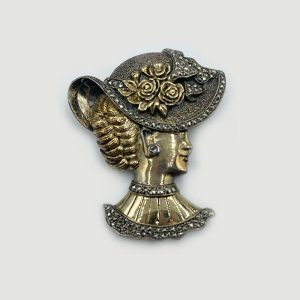 Gold Plated Beautiful Lady with a Rose Hat Brooch with Marcasite