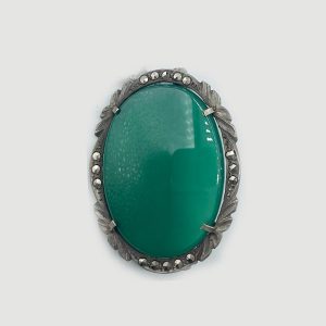 Oval Green Onyx Brooch with Silver and Marcasite