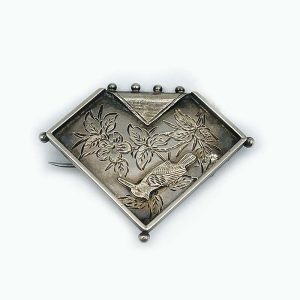 Scottish Silver Antique Pin-Brooch Bird and FLowers "Peeled" Corner