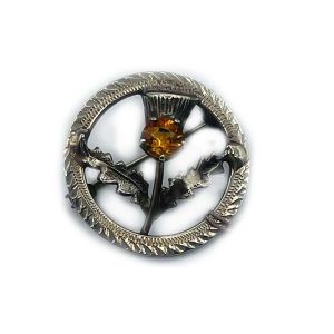 Scottish Silver Antique Pin-Brooch Circular Ring with Jewel Flower