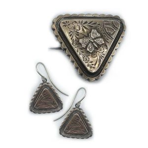 Scottish Silver Triangle Brooch and Earrings Set - Butterfly and Flowers